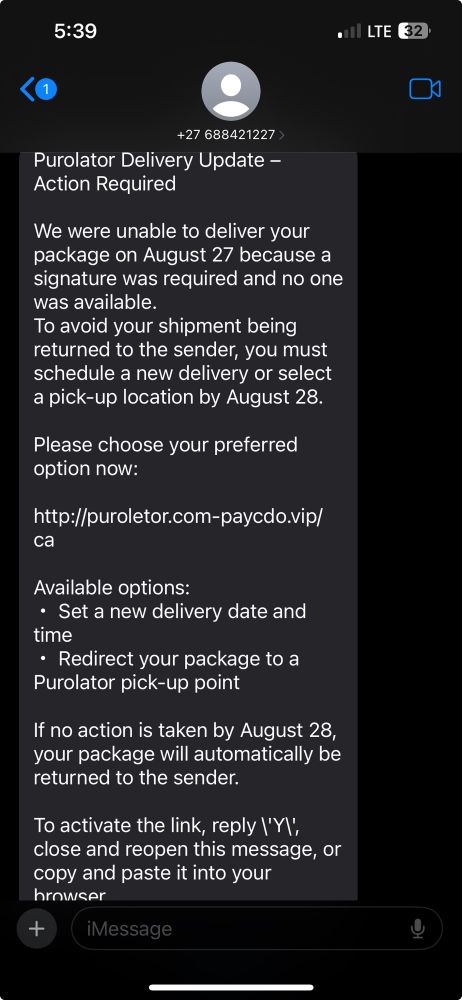 An obvious scam text message from “Purolator” saying I need to go to their very real link (that even spells Purolator incorrectly!) and do a bunch of stuff