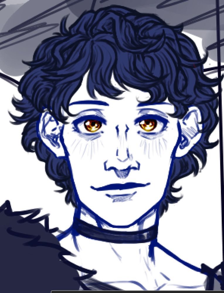 A closeup of androgynous young woman with gold eyes and short wavy blue hair. She is wearing a choker and a fluffy coat.