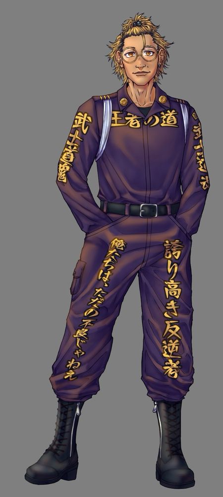A young man in a purple jumpsuit with gold kanji on the limbs and chest, standing casually. He has dyed blonde hair with bangs pulled back into a small ponytail, gold round glasses, yellow eyes, and a mole on his left cheek.