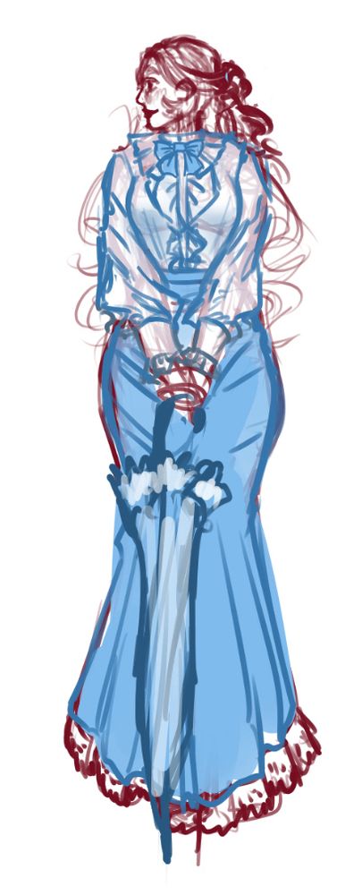 A sketch of a woman with white hair in a loose white blouse with a powder blue bow tie and a matching blue skirt that flares out at the knees and ends with white lace. She has a matching parasol.
