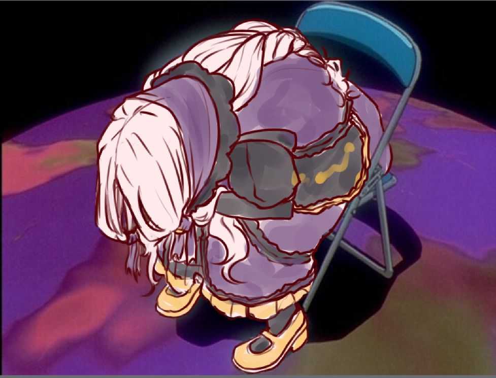 Shinju sketched over shinji sitting on a chair doubled over in despair. She is wearing a purple and black lolita dress with a purple veil wrapped around the back of her hair lined with black lace.