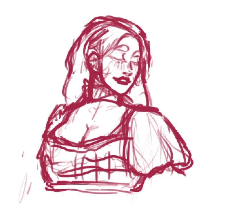A rough sketch of a woman in a gown from the mid torso up. She has long hair, a peaceful expression, blushing cheeks, and a scarf around her neck.