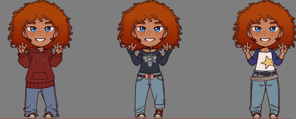 Three cute and cartoony drawings of a young woman with light brown skin, freckles, blue eyes, and curly red hair all smiling with peace signs. The first is wearing baggy pants and a big red hoodie. The middle has a choker, a black and white cicada shirt, and a belt with a butterfly buckle. The last has a blue and white shirt with a yellow star and two belts.