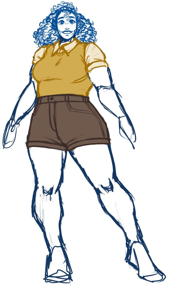 A rough sketch of a very muscular young woman grinning with a curly bob in a half updo and a gap in her front teeth. She is wearing a short sleeved button up under a yellow sweatervest tucked into brown shorts.