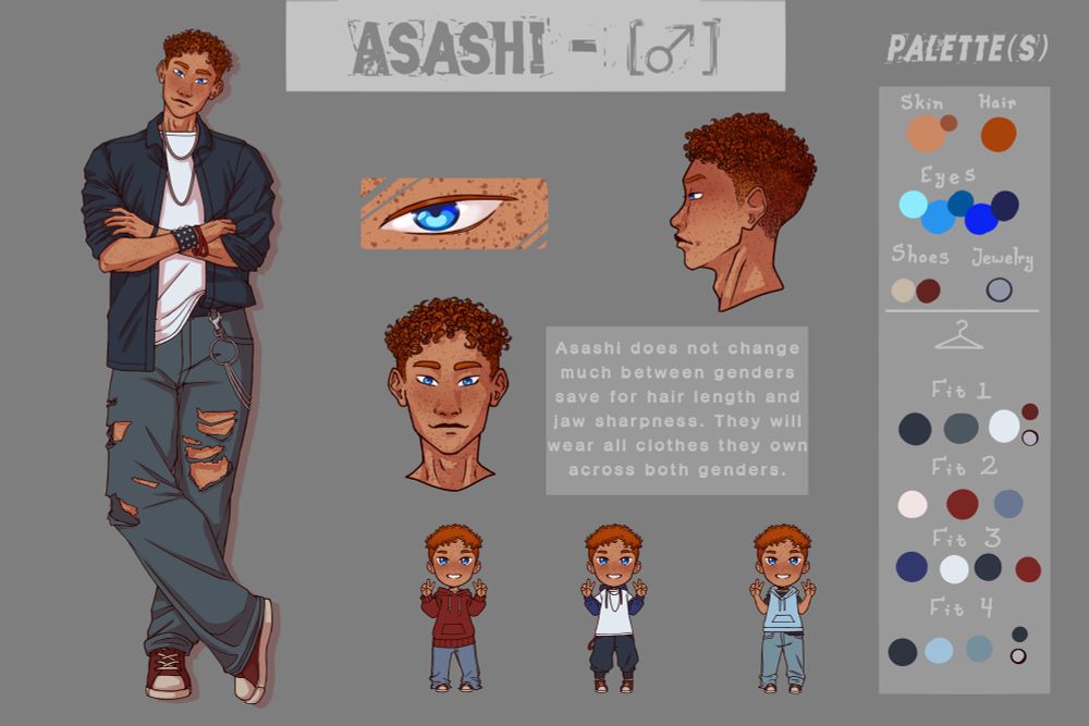 A ref sheet of masculine Asashi, a young man with light brown skin, light blue eyes, and red curls. He has a more alternative style and alternate fits with baggy clothing.