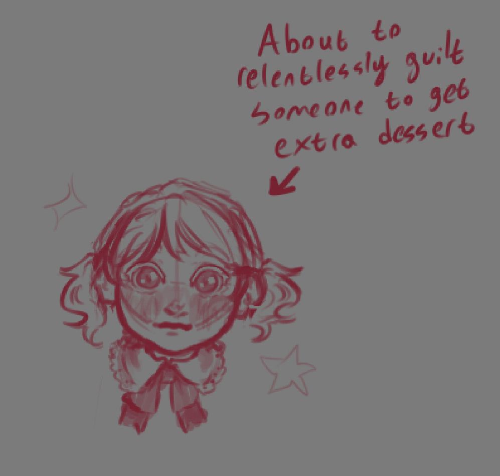 Shinju as a toddler with an innocent smile as she guilts you for extra dessert.