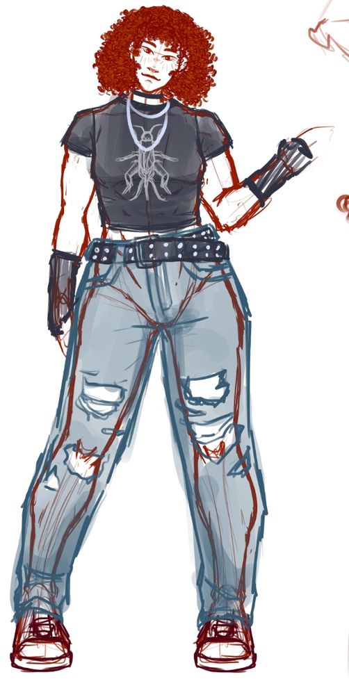 A rough sketck of a young woman with a coily red bob and a slight smile as she waves. She is dressed kind of alternative with a black crop top displaying the outline of a cricket, fingerless gloves that go halfway down her forearm, and a choker with a metal necklace and torn up baggy pants with a thick black belt.