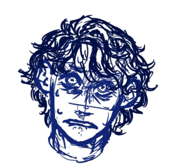 A rough sketch of a kinda androgynous young woman's face with short wavy hair. She looks very distressed and maybe afraid, emphasized by the lines underneath her big ass eyes.