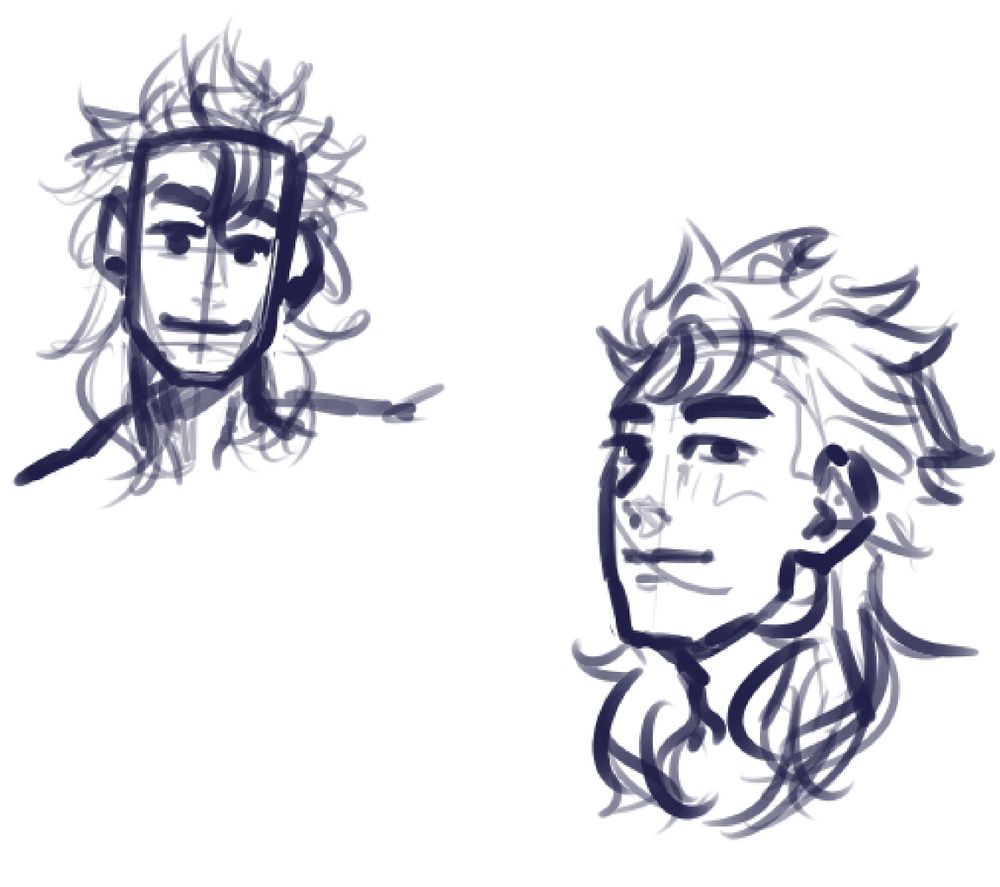 Two rough sketches of Sam from Stardew Valley, a young man with a carefree expression and a mullet.
