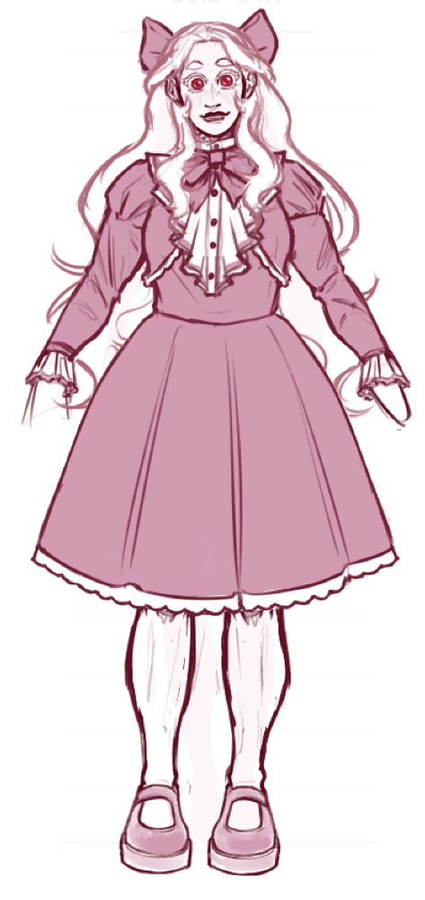 A tall pale woman with red eyes and white hair dressed in a pink lolita dress with white accents. She is smiling.