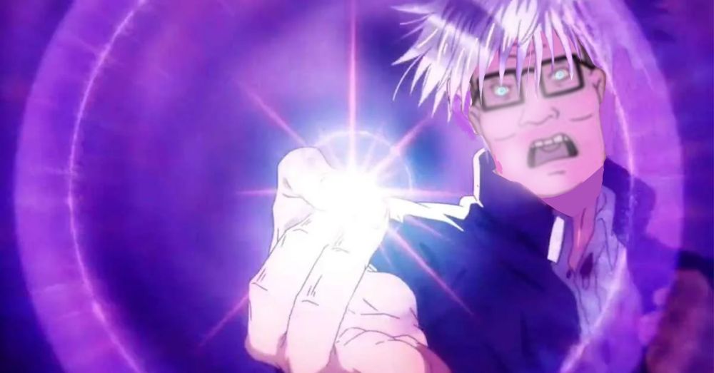 Gojo cating Hollow: Purple but with Hank Hill's angry face. The blue eyes remain, of course.