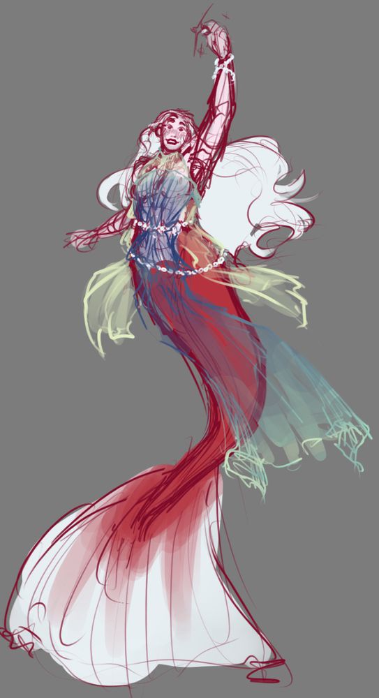 A rough colored sketch of a mermaid. She has very pale and rosy skin, white hair, and red eyes. Her tail is red with white on her fin. She is wearing a long, flowy… robe or shirt thing, with the inner layer being yellow and the over layer being blue with a green gradient. She has on strings of pearls around her body.