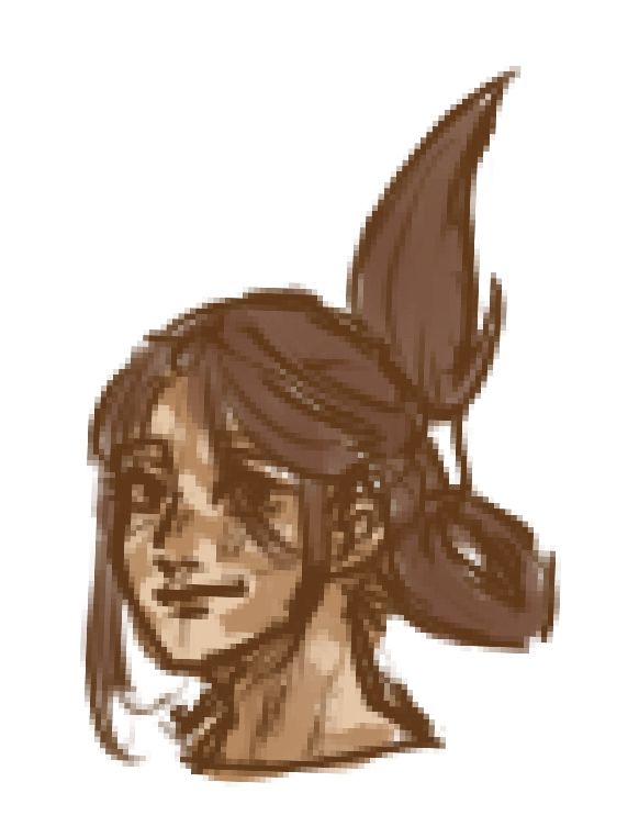 A headshot sketch of a young woman with tan skin and symmetrical vitiligo smiling. She has light brown hair pulled into a hairclip, looping on the bottom and sticking out at the top to roughly mimic the shape of a shark fin.