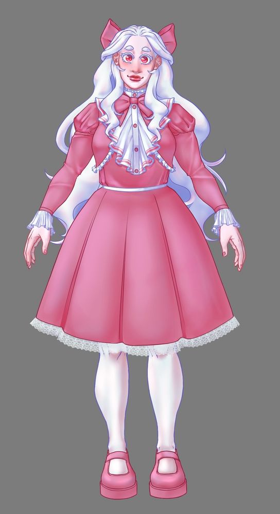 A tall young woman with long white hair, extremely pale skin, and red eyes wearing a frilly pink lolita dress with a matching bow on the back of her head. She is smiling.