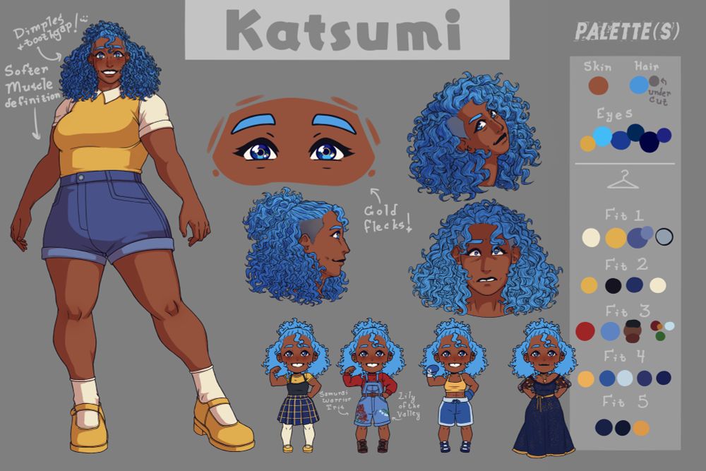 A ref sheet for a buff young woman with brown skin and curly blue hair in a half updo and a cheery expression. Colors, expressions, and alternate outfits are included. A lot of yellows and blues.