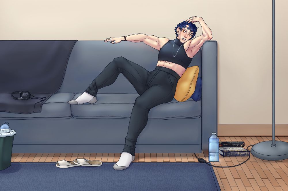 A young, androgynous woman with short blue hair in a compression crop top and black slacks. She is leaning back into her couch, arms outstretched, looking off to the side tiredly. Various items are strewn about like books and water bottles.