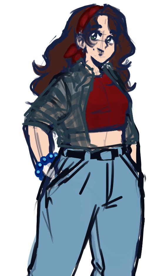 A colored sketch in 80s or 90s anime style depicting a woman with brown hair, a red crop top and bandana headband, and green flannel tucked into blue jeans. Shes smiling and has a relaxed pose.