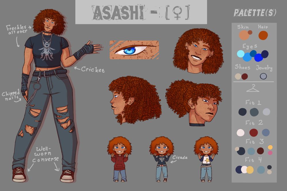 A ref sheet of feminine Asashi, a young woman with light brown skin, light blue eyes, and red curls. She has a more alternative style but also alternates with brighter colors. 