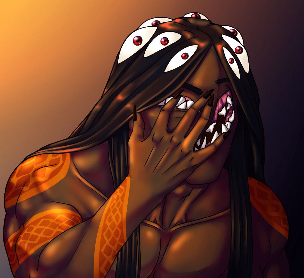 Closeup of a humanoid with ominous lighting and orange snake tatts on his arms. He has long black hair with eyes on the scalp and one large mouth across half his face and another, smaller one where his right eye would be, grinning behind a clawed hand. The gaping maw has all sharp teeth sticking out of weird lumpy gums.