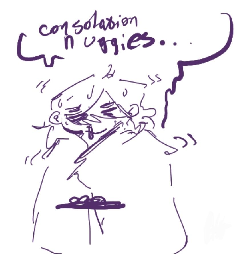 A rough, simple sketch of me shivering and sniffling wrapped in a blanket as i contemplate a plate of Consolation Nuggies