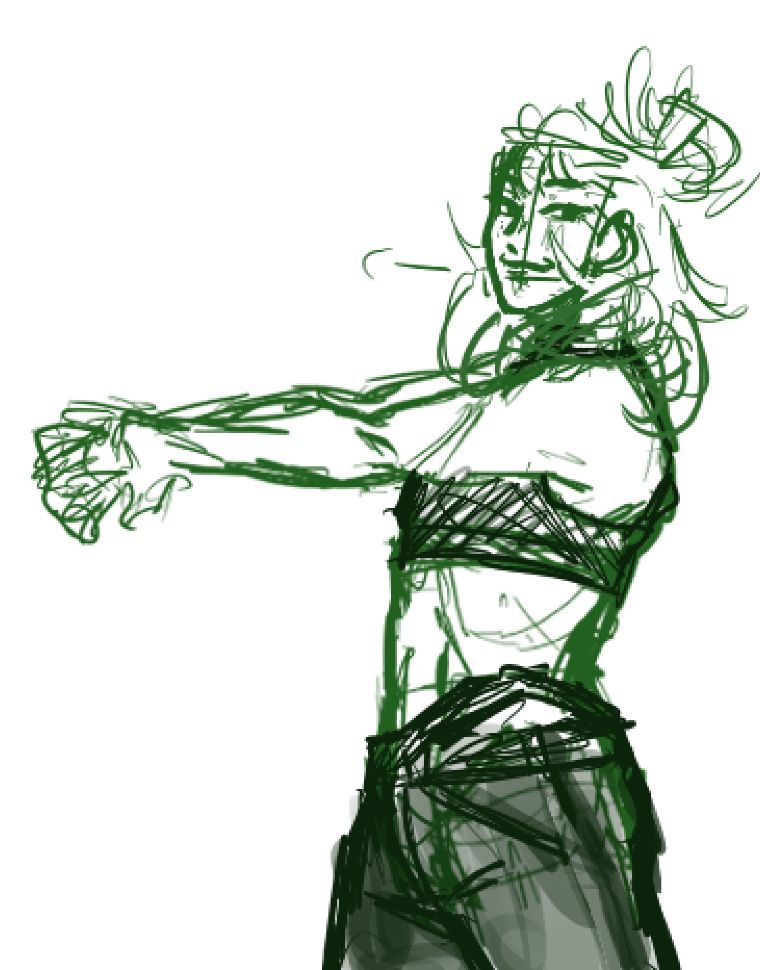 A rough sketch of a woman stretching her arms with a smug, playful smile. She is wearing a crop top and low rise pants, and her body is a bit toned.
