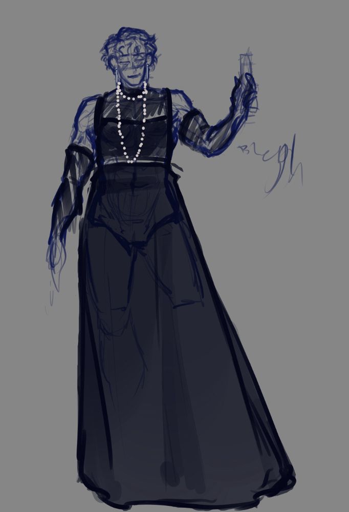 A sketch of a young woman with short blue hair in a black gown, gloves, and a string of pearls. She is smiling bashfully and holding up a champagne flute
