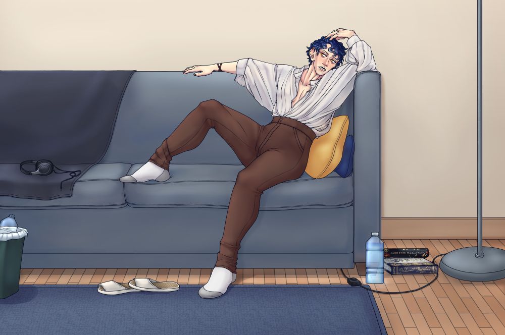 A pale young woman with short blue hair and yellow eyes sitting on the couch, tired. There are items strewn about including books, a pair of headphones, slippers, and water bottles.