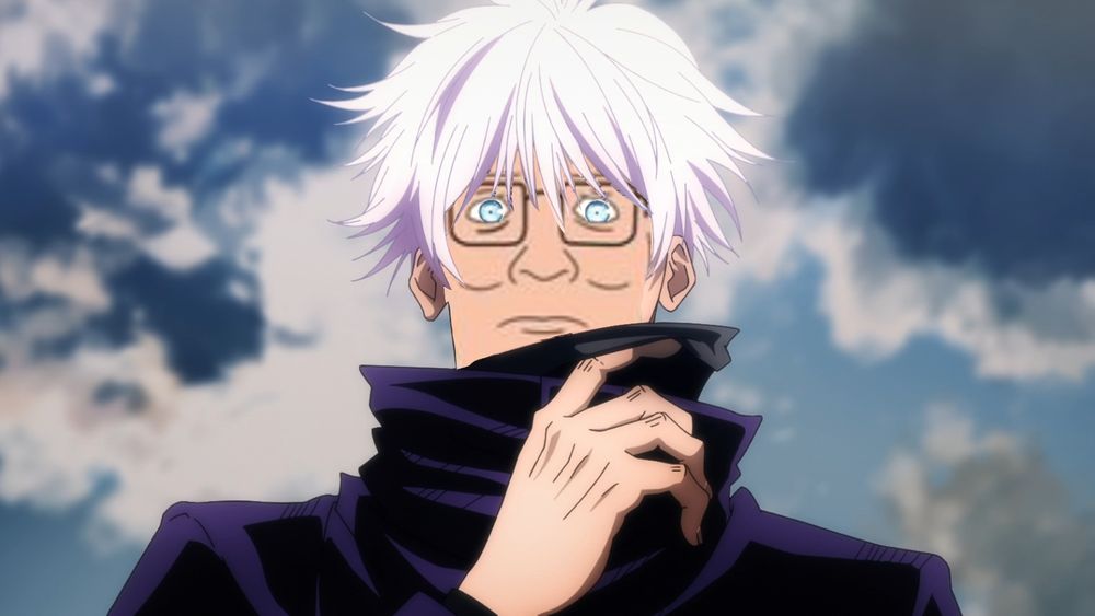 A closeup of Gojo Satoru, but with Hank Hill's face. The signature bright blue eyes stay, though