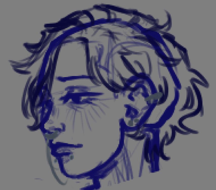 A closeup rough sketch of a woman with short hair and piercings. She has a wistful expression and downturned eyes with long bottom lashes.