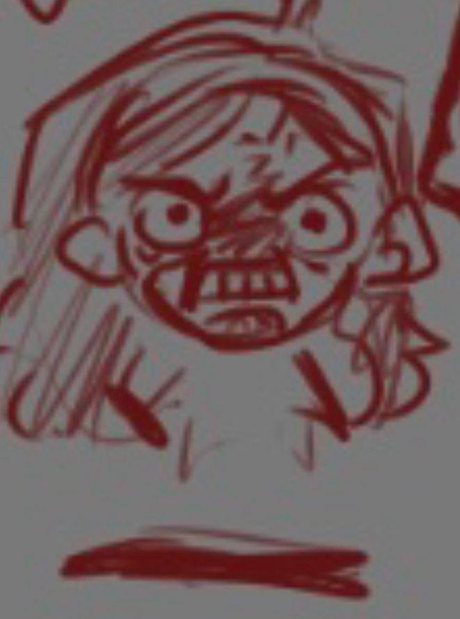 A doodle of a very detailed angry face wrinkling in disdain and frustration on a small body with no detail. It is holding a pen in one hand