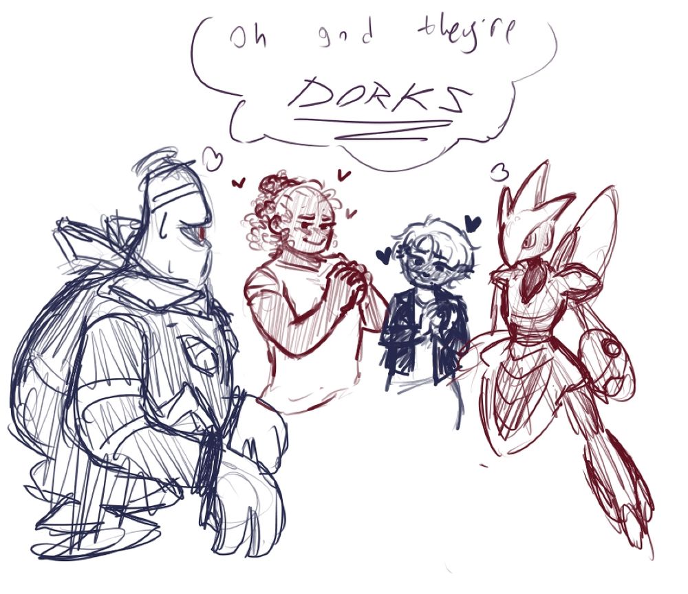 A rough colored sketch. A young man (sketched in red) and woman (sketched in blue) hold pokeballs with hearts around them as a Dusknoir (in blue) by the man and Scizor (in red) by the woman look at each other and think, "Oh god, they're dorks"