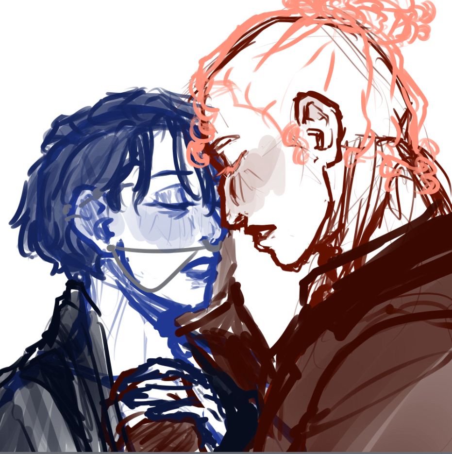 From left to right, a sketch of a young woman and man intimately touching foreheads. The woman in blue has short hair, many piercings, and a tired but peaceful expression as she holds his hand. The man in red has curly white hair in a bun and is holding her face with his other hand.