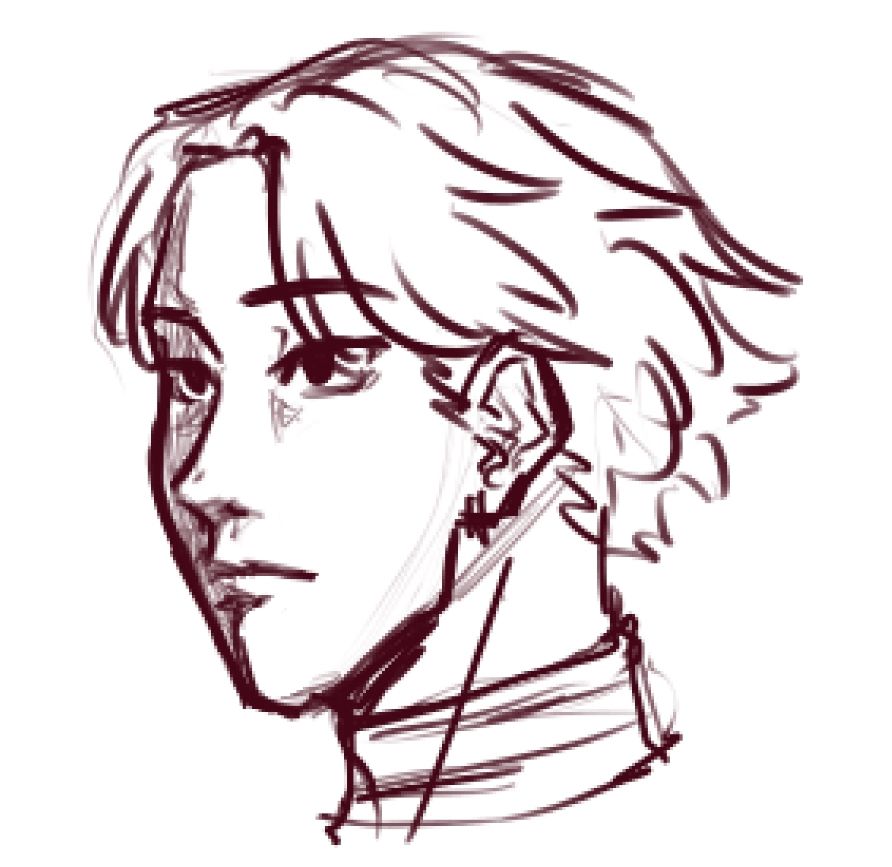 A sketch of a young man with a serious, shadowed expression. He has short hair that's combed but a little messy in the back.