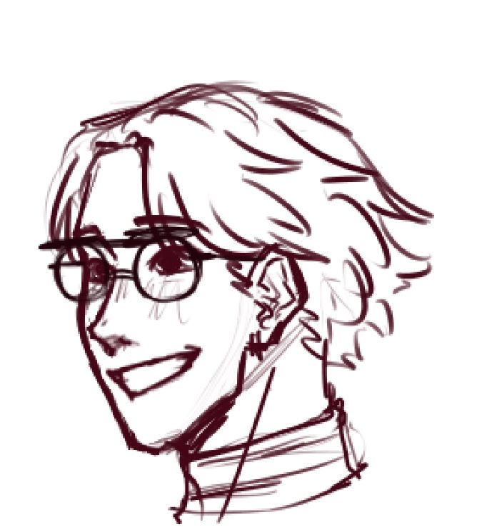 A sketch of a young man smiling. He has glasses that have flip-down shades on top and short hair that's combed but a little messy in the back.