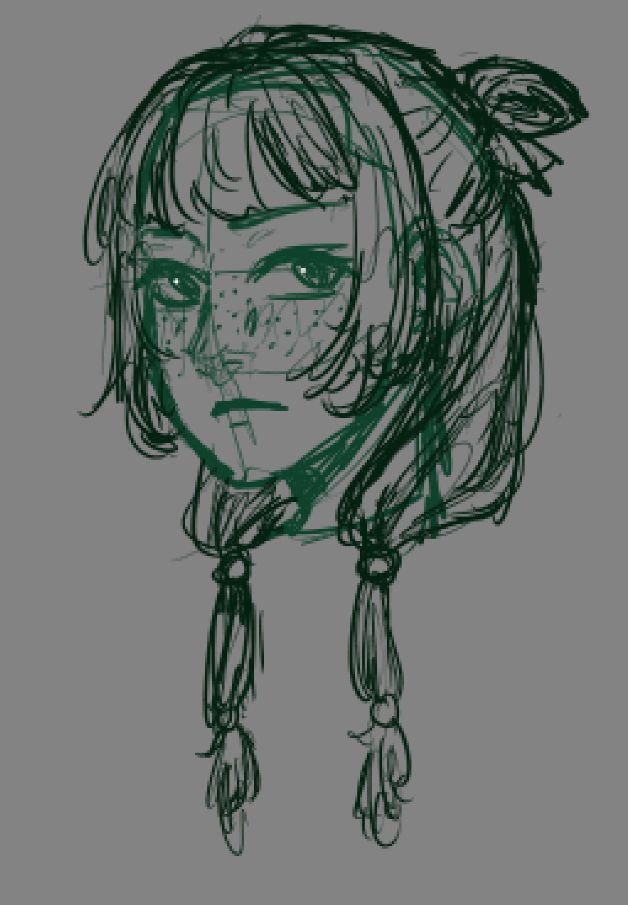 A rough headshot sketch of maomao from the apothecary diaries. She is a young woman with freckles and a stern expression. Her hair is worn in loose pigtails while the top parts are pulled into a bun.