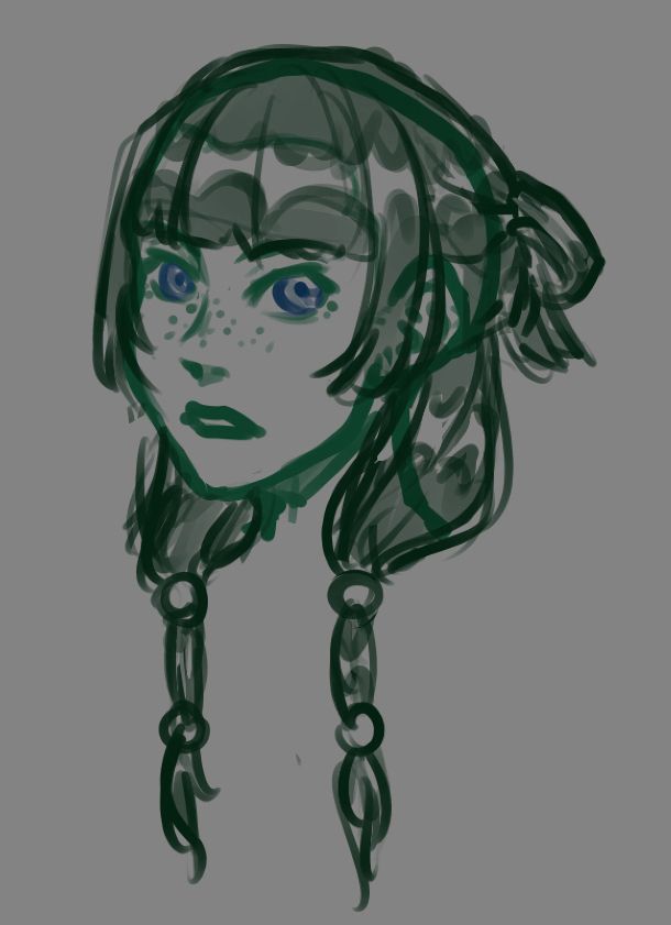 A rough sketch of maomao from apothecary diaries. She has freckles, blue eyes, and green hair with two sections in low ponytails and the top pulled into a bun. 