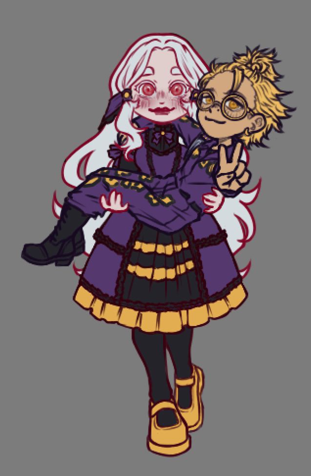 A simple, cartoony drawing of a white haired girl in a purple and black lolita dress with gold accents princess carrying a blonde boy in a purple and gold jumpsuit as he gives the camera a peace sign.