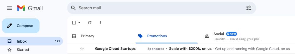 Screenshot of a gmail inbox with advertisement reading "Google Cloud Startups: Scale with $200k, on us"