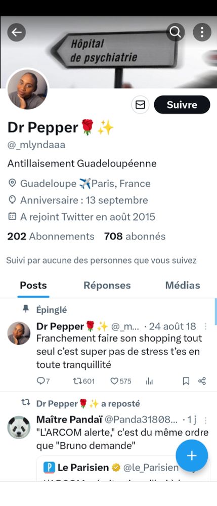 Copie d'écran d'un compte Twitter/X qui porte aussi le nom "Dr Pepper"