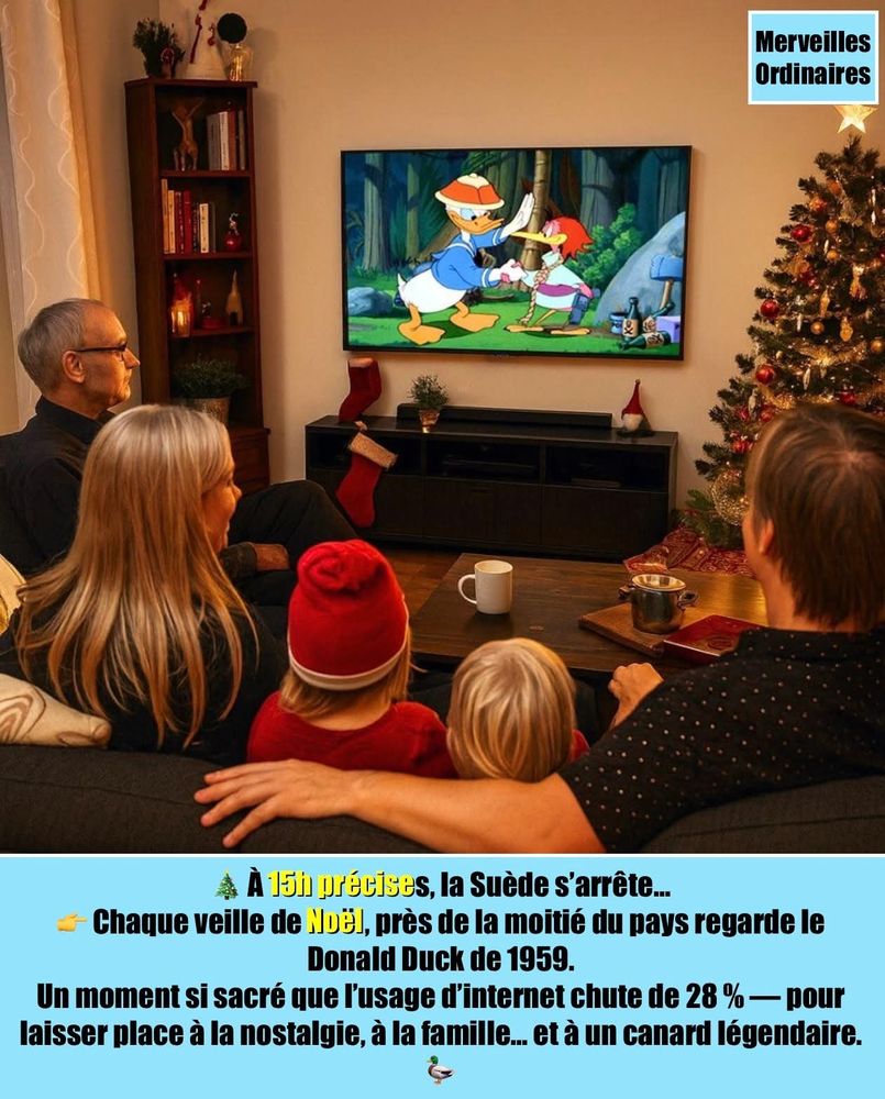 Photo d'une famille regardant Donald Duck la télévision. La légende indique qu'en Suède la tradition veut que la veille de Noël tout le monde s'arrête pour regarder le Donald de 1959 à la tv.et il y a une baisse de l'usage d'internet de 28%
