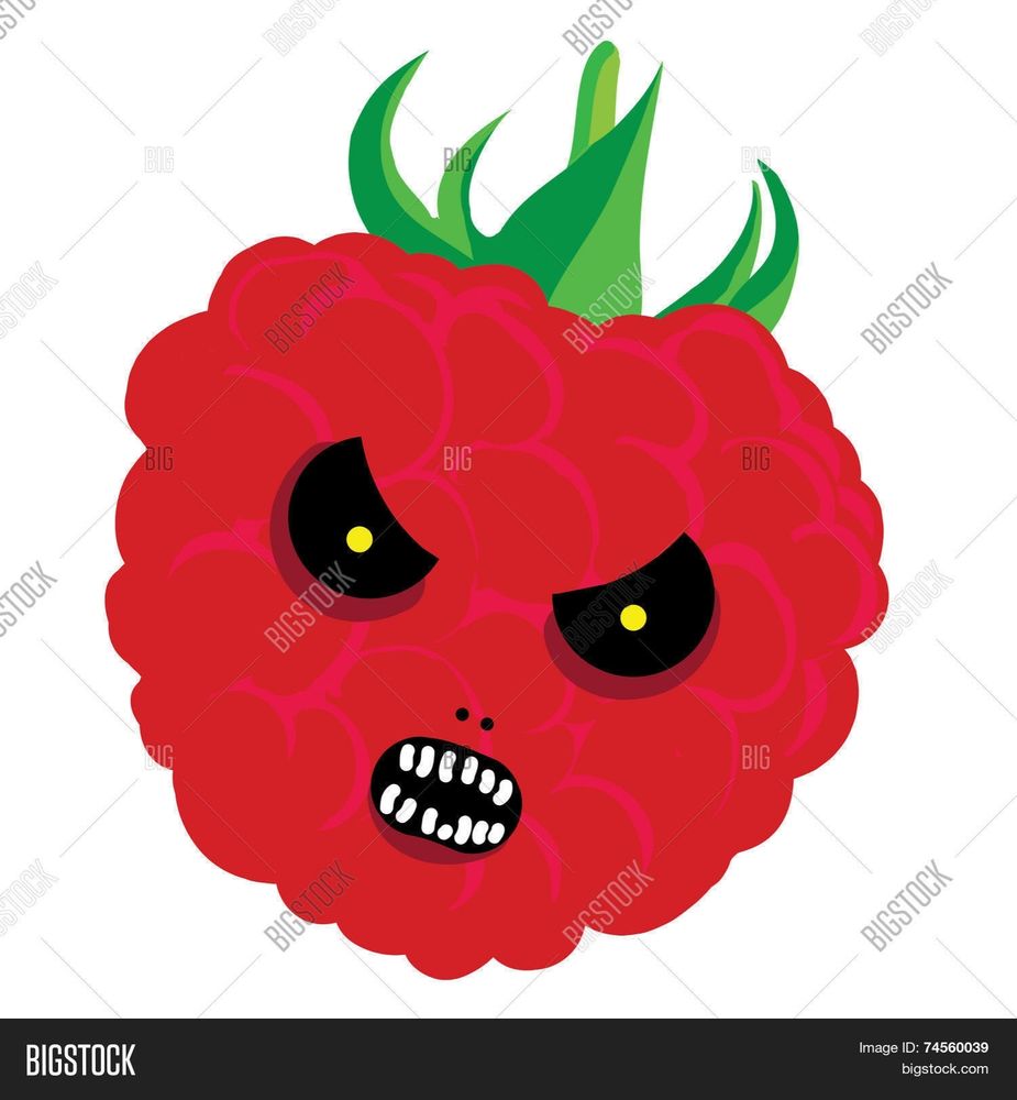 Dessin de framboise avec yeux effrayants,bouche avec  dents , comme un film d'horreur