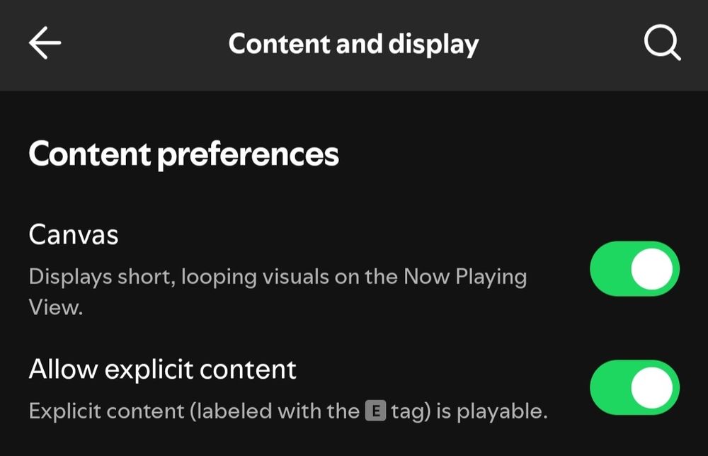 Screenshot of a portion showing Spotify's content menu with Allow explicit content option.
