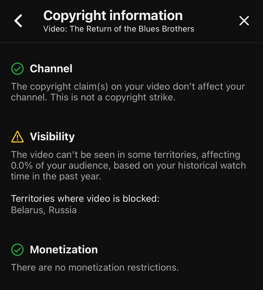 A message from YouTube that reads:

Copyright information
Video: The Return of the Blues Brothers
• Channel
The copyright claim(s) on your video don't affect your channel. This is not a copyright strike.
Visibility
The video can't be seen in some territories, affecting 0.0% of your audience, based on your historical watch time in the past year.
Territories where video is blocked:
Belarus, Russia
• Monetization
There are no monetization restrictions.