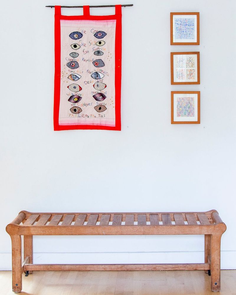 1. Left: VAN WARING, “Wise Guys,” 2025, embroidery on silk, 20 x 33 inches, courtesy of the artist.
2. Top Right: VAN WARING, “Tangle III,” 2023, colored pencil on paper, 8 x 9 inches, courtesy of the artist.
3. Middle Right: VAN WARING, “Tangle II,” 2023, colored pencil on paper, 8 x 9 inches, courtesy of the artist.
4. Bottom Right: VAN WARING, “Tangle I,” 2023, colored pencil on paper, 8 x 9 inches, courtesy of the artist.