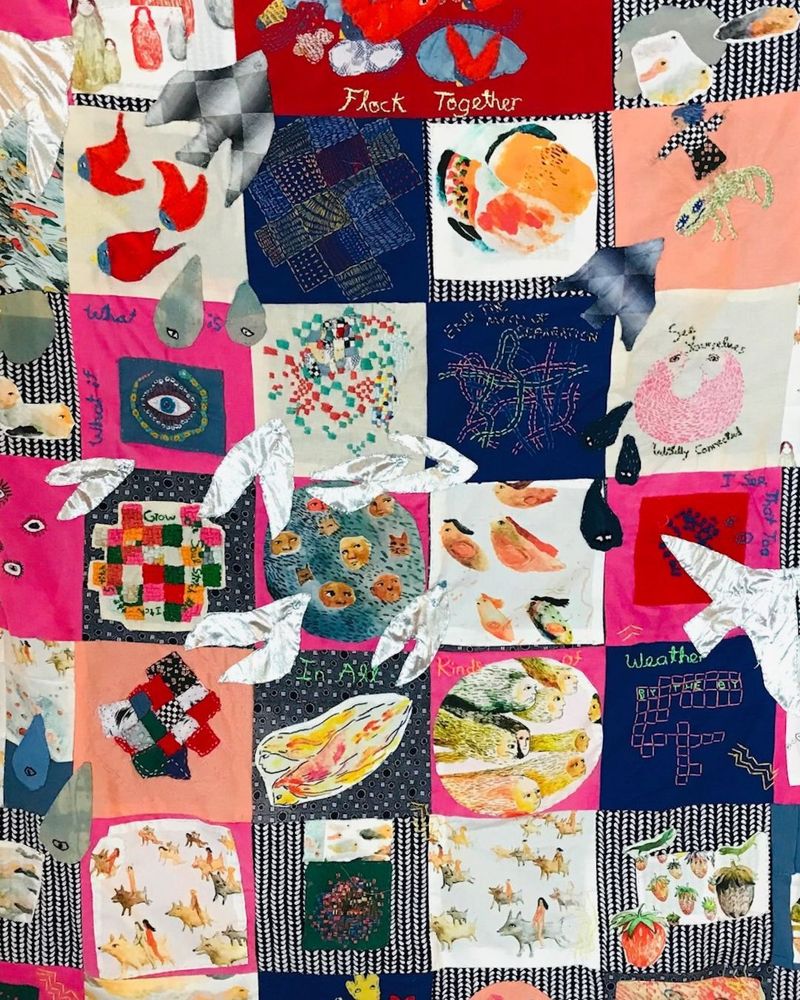 VAN WARING, “Flock Together” (detail), 2025, embroidery, applique, and digitally printed original images on quilted fabric, 5 x 5.5 feet, courtesy of the artist.