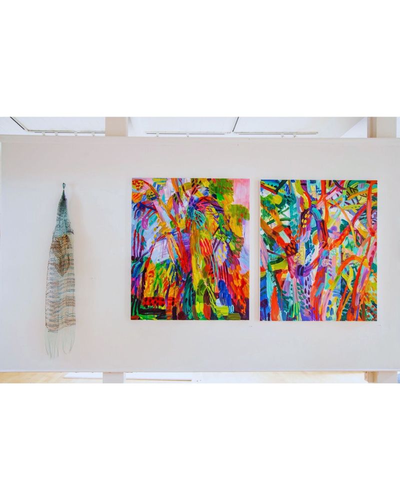  From left to right: 
1. MICHELLE YI MARTIN, “The Bell,” 2025, monofilament, cotton, wool, nettle, 58 x 14 inches, courtesy of the artist.
2. JOHANNA ST. CLAIR, “The Color Green,” 2025, oil on canvas, 36 x 48 inches, courtesy of Gallery 16.
3. JOHANNA ST. CLAIR, “Limbs,” 2025, oil on canvas, 36 x 48 inches, courtesy of Gallery 16.