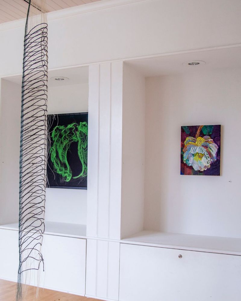 From left to right
1. MICHELLE YI MARTIN, “Underland,” 2021, jute, horsehair, monofilament, 60 x 7 inches, courtesy of the artist.
2. MICHELLE YI MARTIN, “Rockweed,” 2025, cotton, horsehair, wood frame, 25 x 21 inches, courtesy of the artist.
3. JOHANNA ST. CLAIR, “Queen of the Night,” 2023, oil on panel, 11 x 14 inches, courtesy of Gallery 16. 
