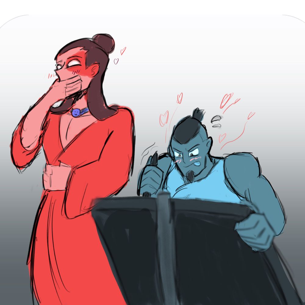 an adult Sokka from ATLA is hunched over an easel, painting furiously as he blushes profusely. next to him is an adult Zuko, who is dressed in a simple robe and bashfully trying to avert his gaze from the beauty of Sokka’s artistic subject. Zuko is also wearing a water tribe betrothal necklace