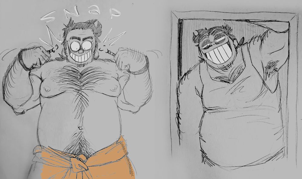 Two sketchbook drawings of Bob Velseb from Spooky Month.
(Left) Bob snaps his cuffs easily, wickedly grinning down at his new cellmate. His orange jumper is tied around his waist, leaving him shirtless; intimidatingly large and hairy.
(Right) "So," Bob's eyes narrow as his smile stretches, leaning against his arm on top of the door frame, watching you, "what do you think?" His front is cast in a deep shadow as the room darkens from the blockage. "Would you like to move in?"

I AM FOAMING AT THE MOUTH YOU GUYS