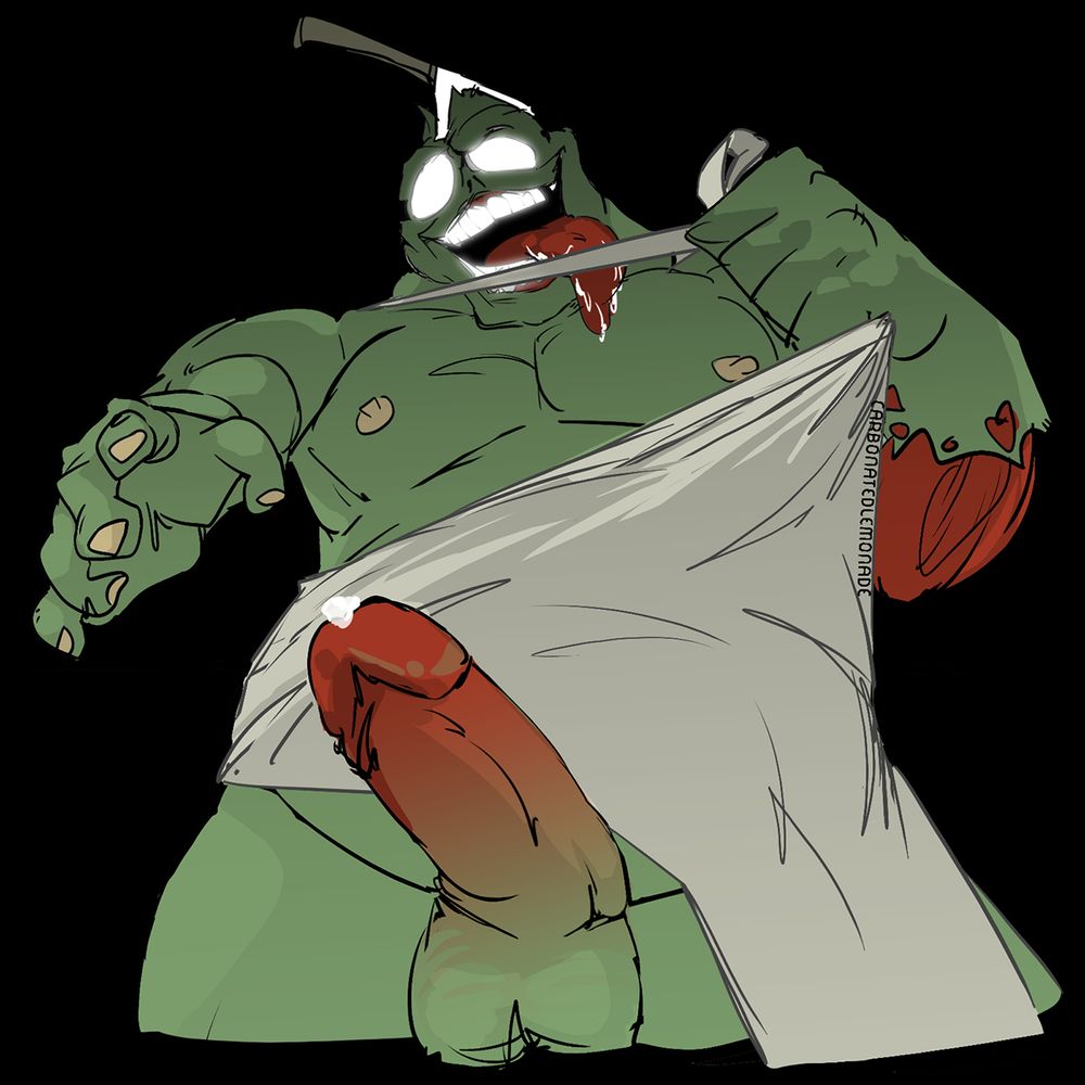 POV looking up at Ken the Butcher with his tongue hungrily hanging out as he tears his apron off, revealing his fat cock.